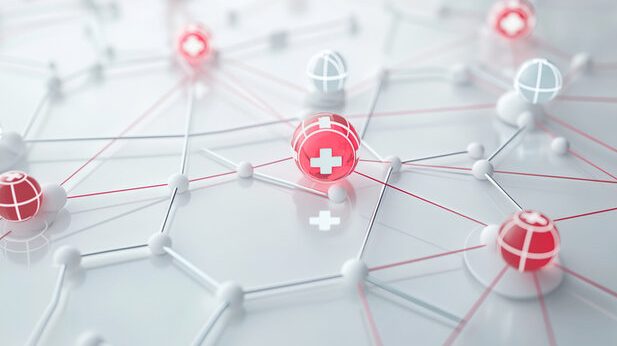 Abstract network graphic featuring red health symbols connected by lines.